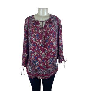 Lucky Brand Women's Maroon Floral Boho Peasant Long Sleeve Top Sz XL